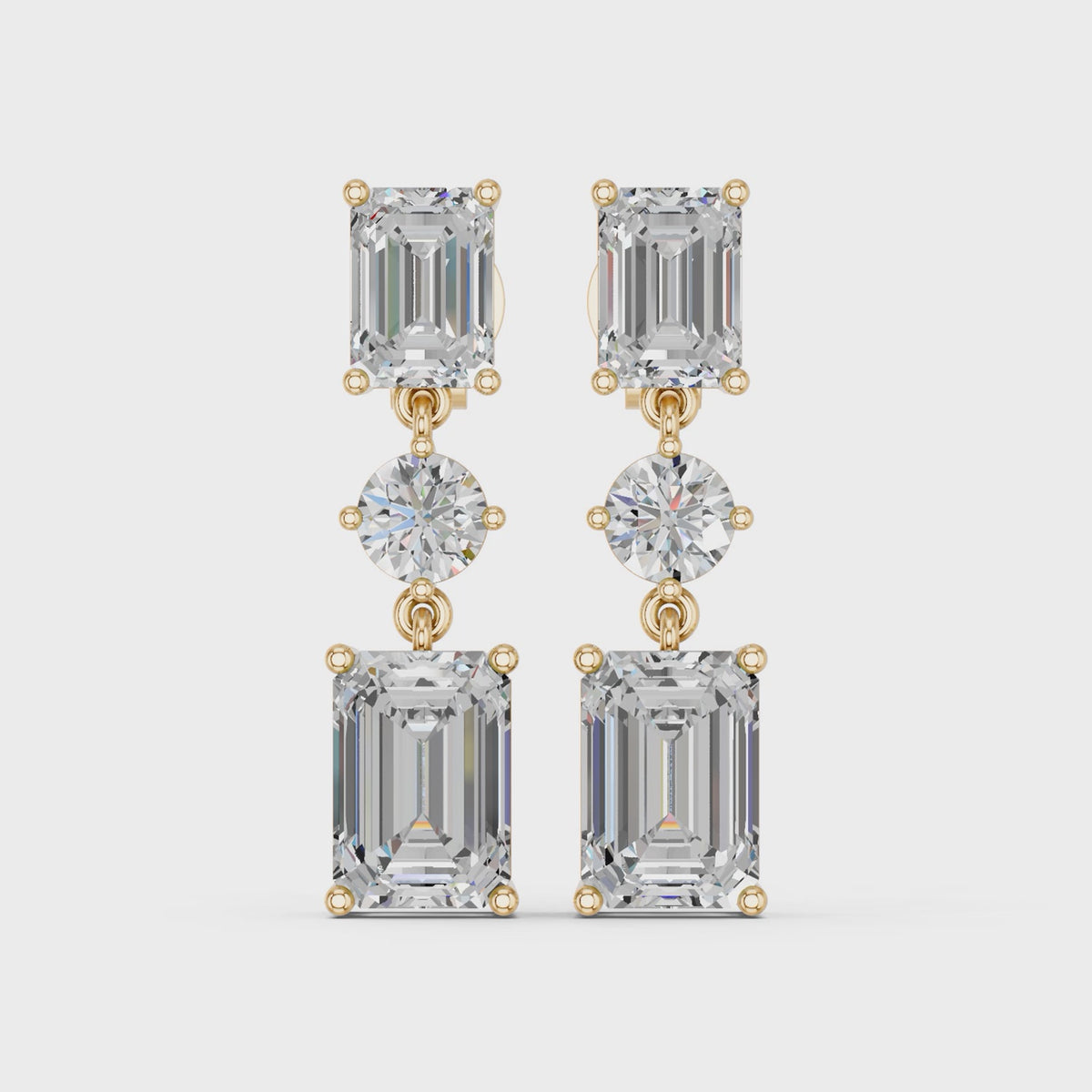 Emerald Cut And Round Lab Diamond Linear Earring in 14K Yellow Gold – video