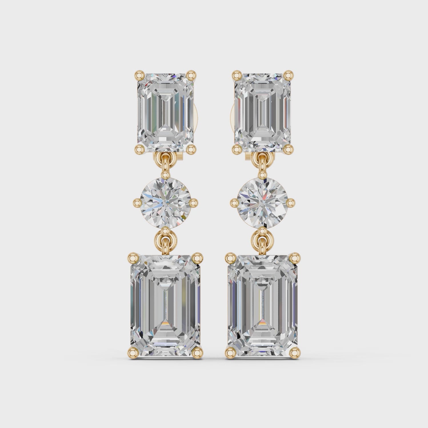 Emerald Cut And Round Lab Diamond Linear Earring in 14K Yellow Gold – video
