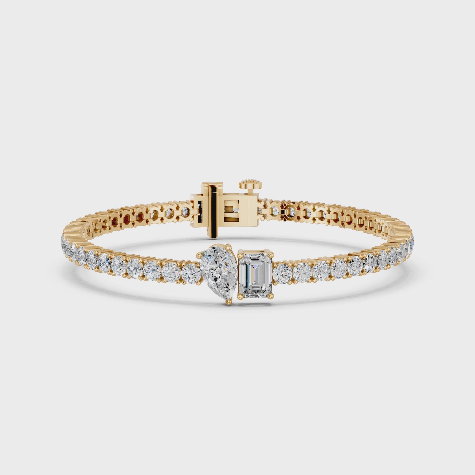 Pear And Emerald Cut Center Stone Lab Diamond Tennis Bracelet in 14K Yellow Gold – video